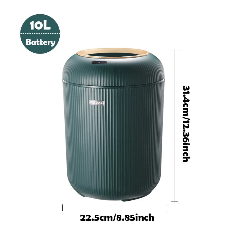 Green trash bin with dimensions and battery capacity label on a white background