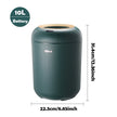 Green trash bin with dimensions and battery capacity label on a white background