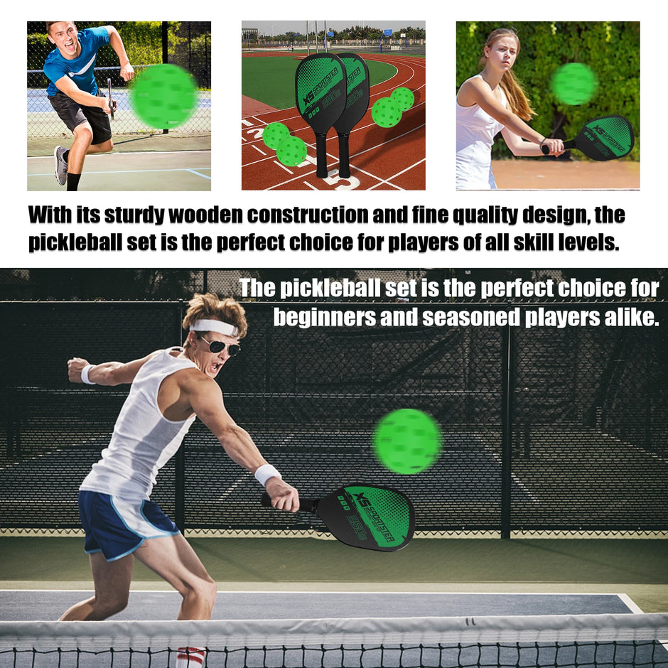 Pickleball player in action with text about pickleball set quality and suitability for all skill levels.