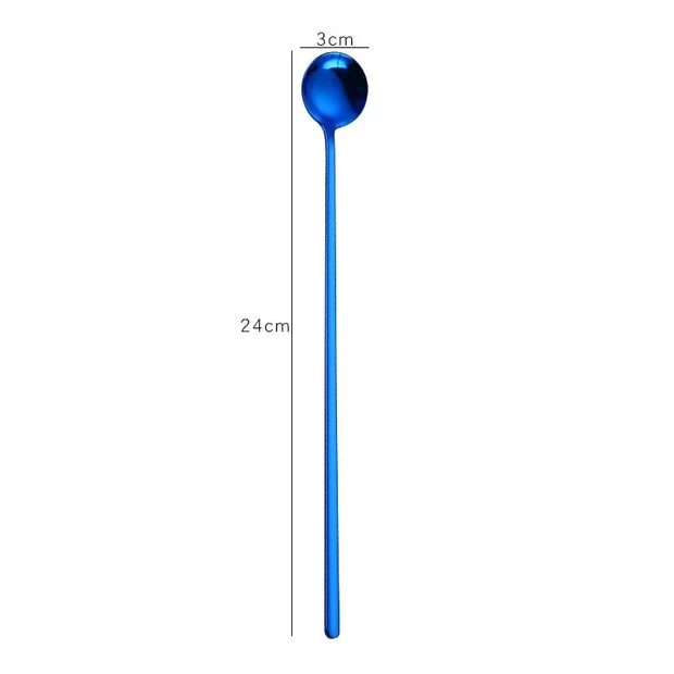 Blue spoon with measurements on a white background