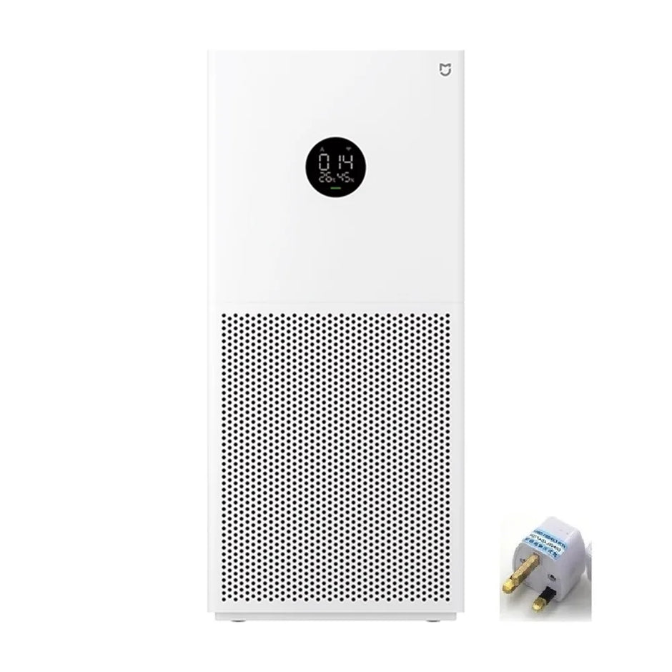 White air purifier with digital display and a power adapter on a white background