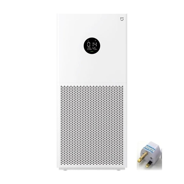 White air purifier with digital display and a power adapter on a white background