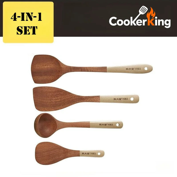 Set of four wooden cooking utensils with beige handles, branded 'CookerKing'.
