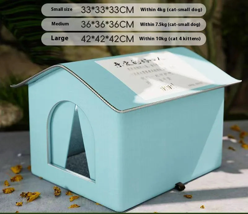 Light blue pet house with size chart on a blurred background