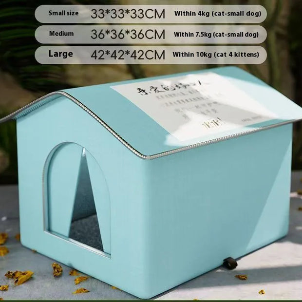 Light blue pet house with size chart on a blurred background