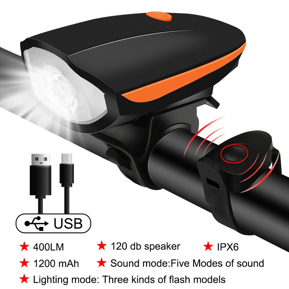 إضاءة دراجة قابلة للشحن USB مع بوق 120dB – 3 أوضاع إضاءة، مقاومة للماء IPX5، 6 ألوان