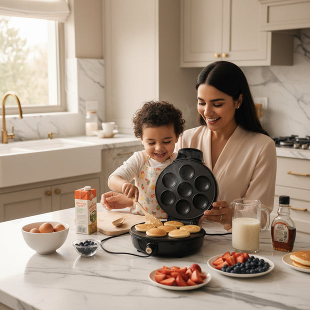 Black round waffle maker with open lid showing waffles on a white background