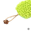 Green textured ball on a string with a brown base against a white background