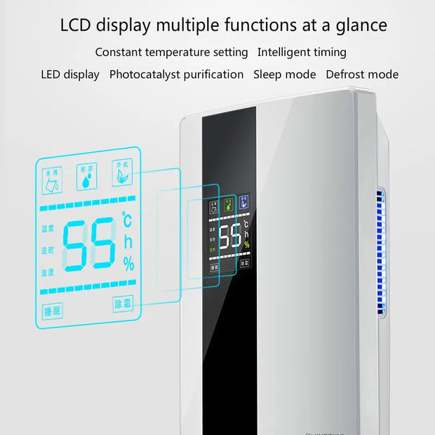 Air purifier with LCD display and features listed on a white background