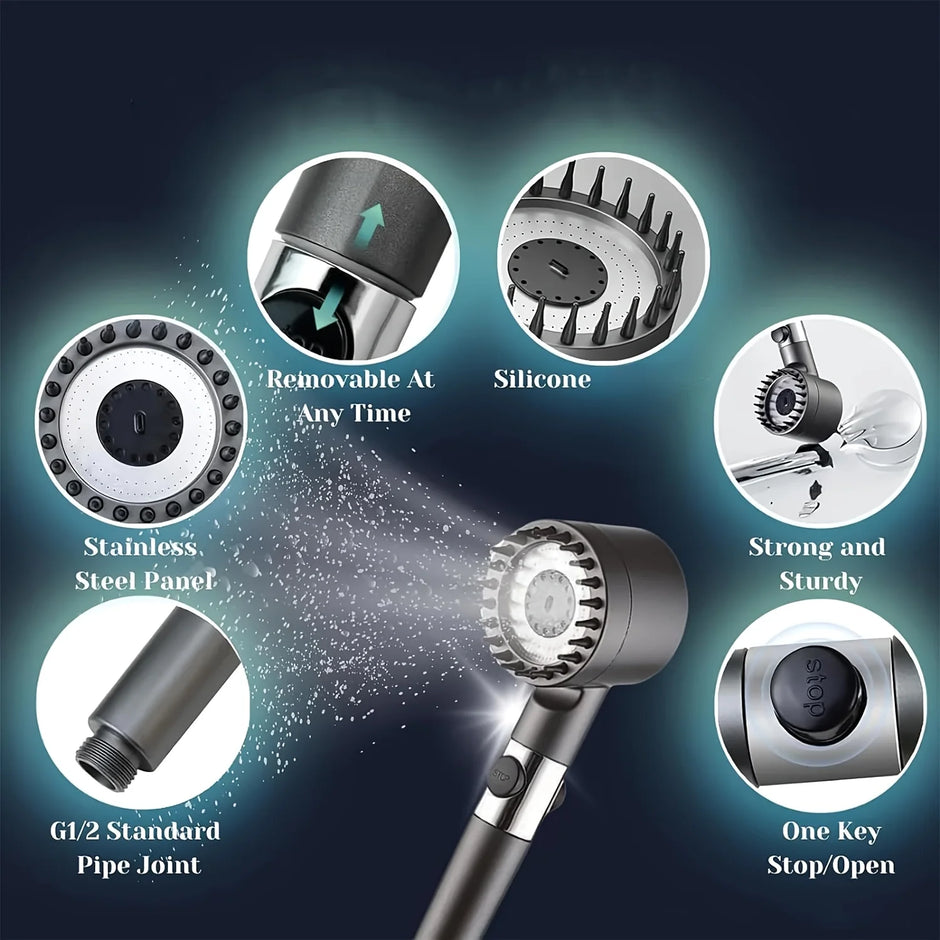Handheld shower head with features highlighted on a dark background