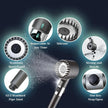 Handheld shower head with features highlighted on a dark background