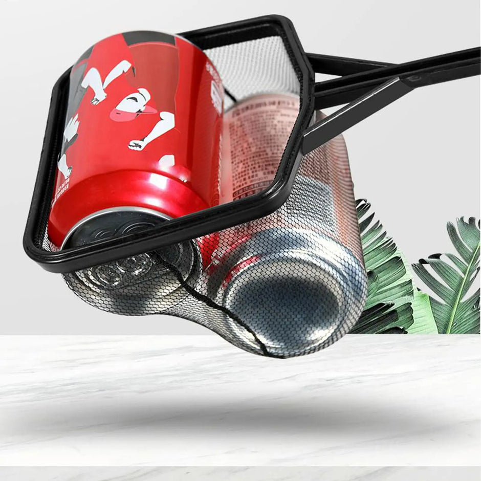Red and silver canisters with a black mesh strainer on a white background