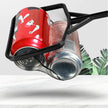 Red and silver canisters with a black mesh strainer on a white background