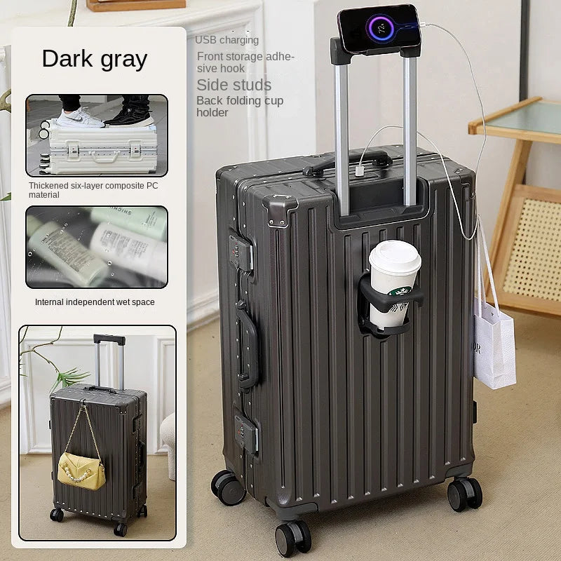 Dark gray suitcase with USB charging port and cup holder, featuring text on material and features.