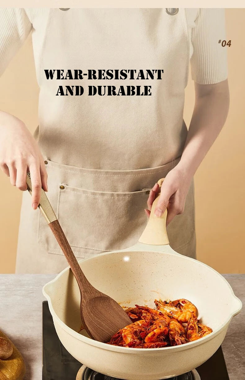 Person wearing an apron with text 'Wear-resistant and durable' cooking with a wooden spoon.