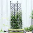 Outdoor climbing plant support with green plants against a white wall