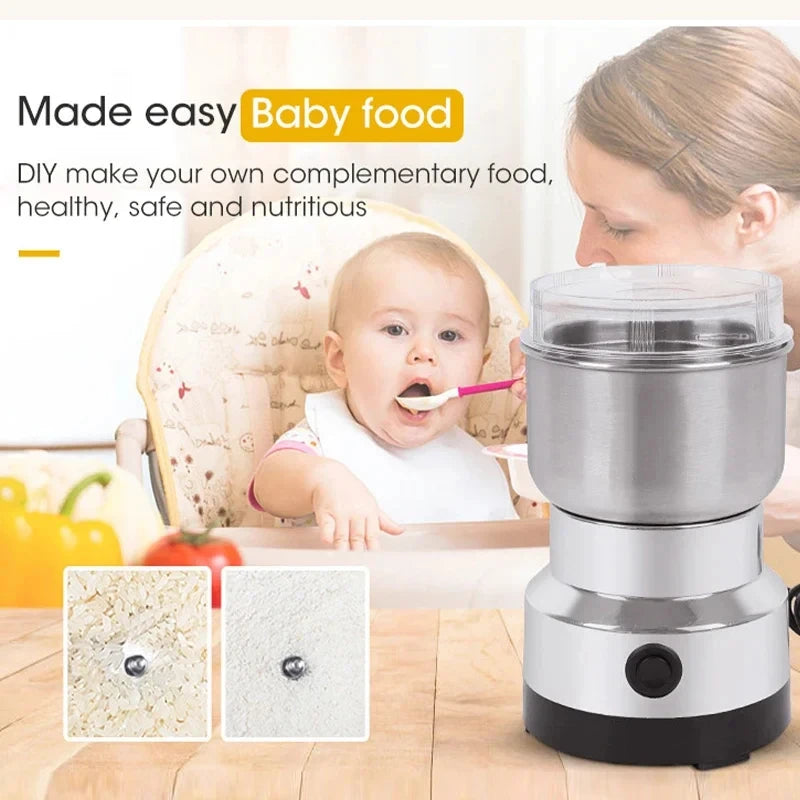 Baby food maker with a baby and high chair in the background, promoting DIY baby food.