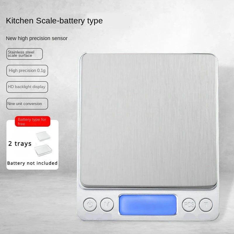 Digital kitchen scale with battery type information on a gray background