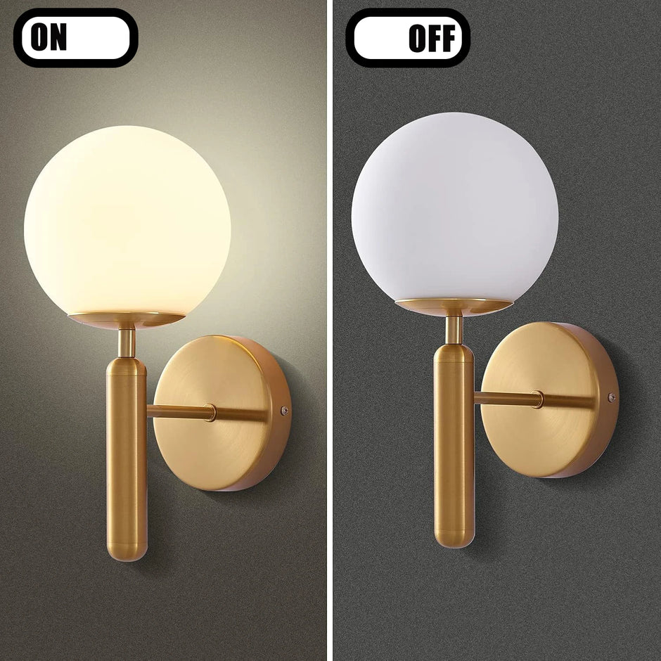 Wall sconce light fixture showing 'On' and 'Off' states on a gray background.