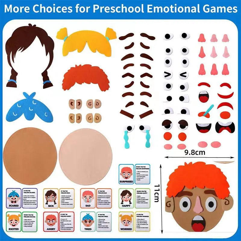 Preschool emotional expression kit with face parts and emotion cards on a blue background
