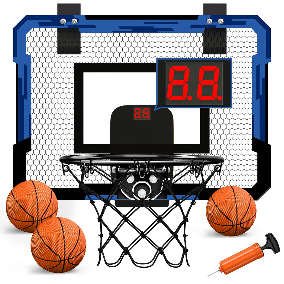 Mini basketball hoop set with three basketballs and a pump on a white background
