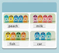 Educational card with English words and fish illustrations on a light blue background