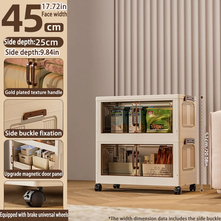 Storage cabinet with dimensions and features displayed on the left, against a neutral background.