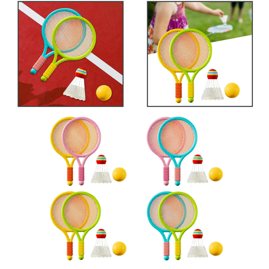 Colorful badminton rackets and shuttlecocks on a white background