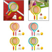 Colorful badminton rackets and shuttlecocks on a white background