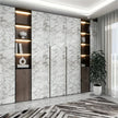 Modern interior design with marble-patterned wall panels and wooden shelves.