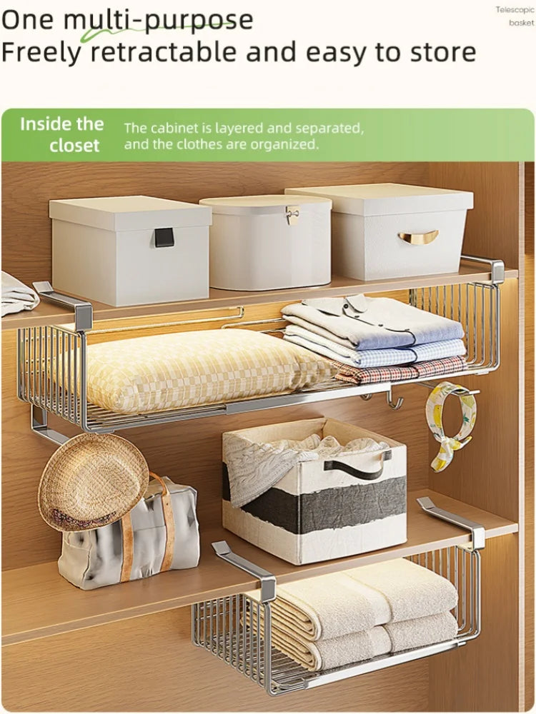 Closet organization system with retractable shelves and storage boxes.