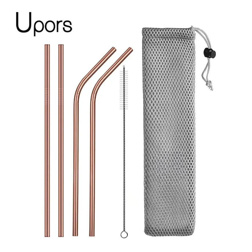 Set of rose gold straws and cleaning brush with a mesh storage bag on a white background, branded 'Upors'.