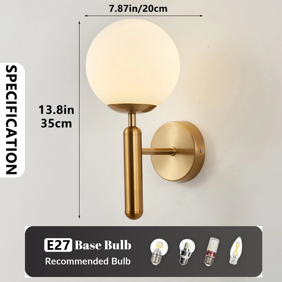 Wall-mounted lamp with dimensions and bulb compatibility on a light gray background