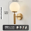 Wall-mounted lamp with dimensions and bulb compatibility on a light gray background