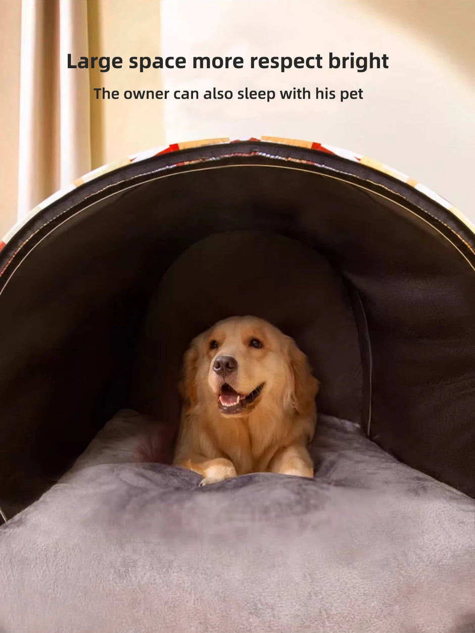 Dog lying in a large pet bed with text about space and respect.