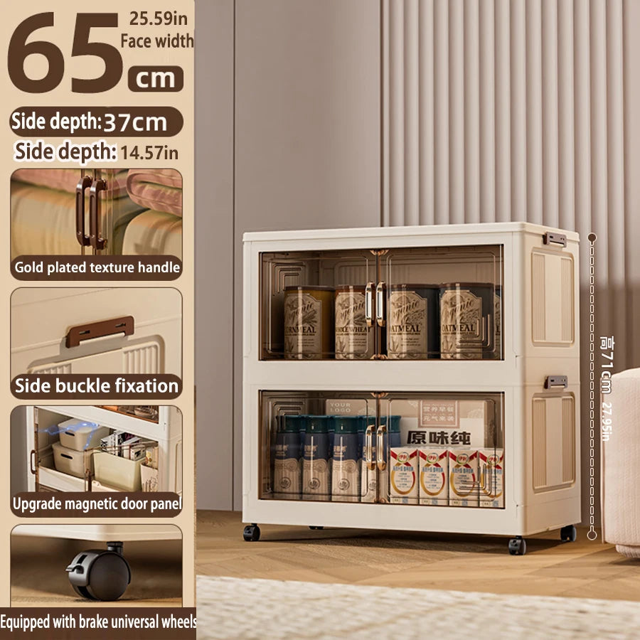Storage cabinet with transparent doors displaying products, surrounded by text detailing dimensions and features.