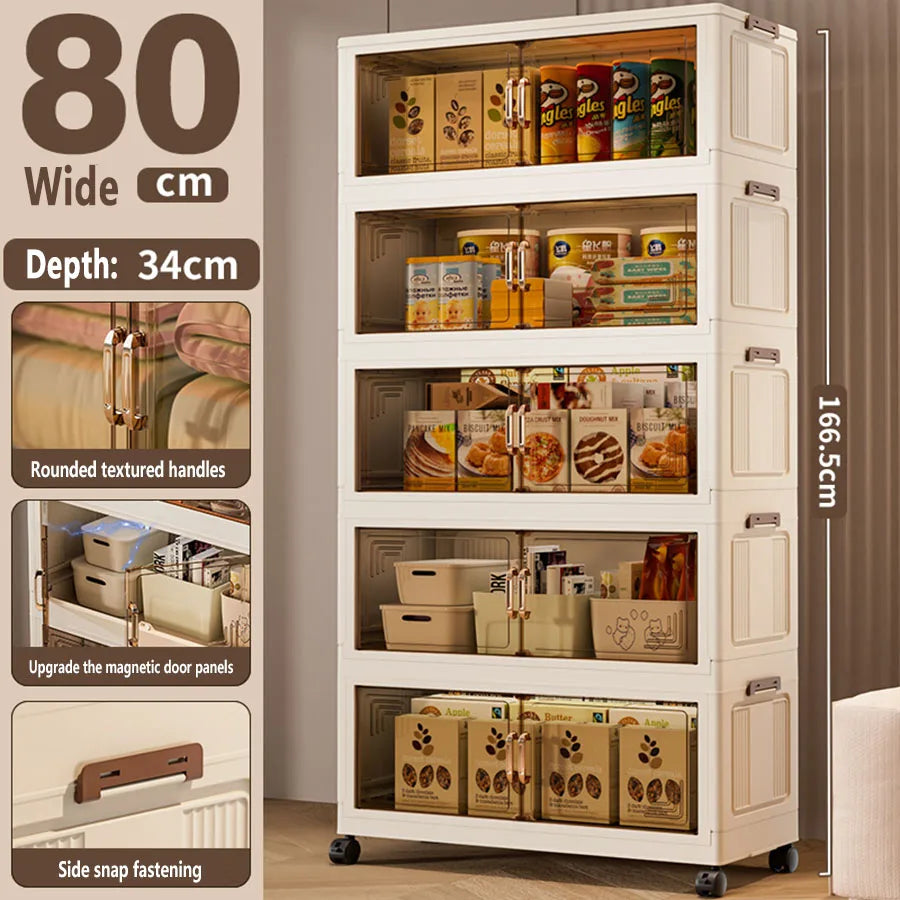 Storage cabinet with shelves filled with products, showing dimensions and features.