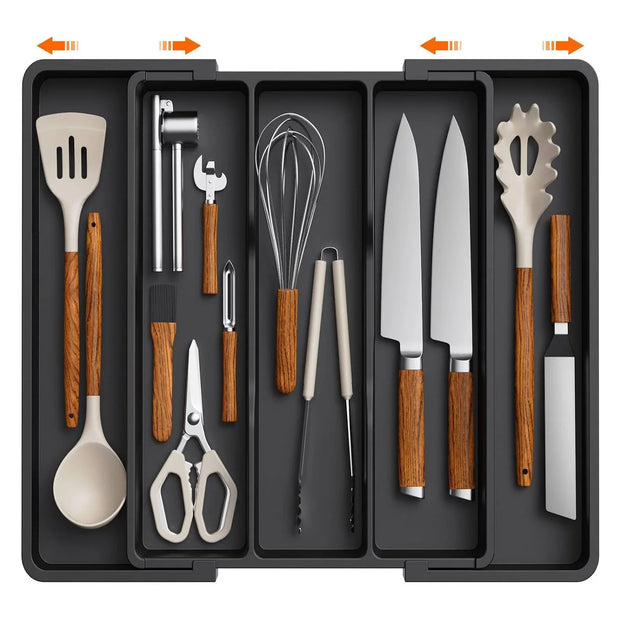 Set of kitchen utensils with wooden handles in a black case.