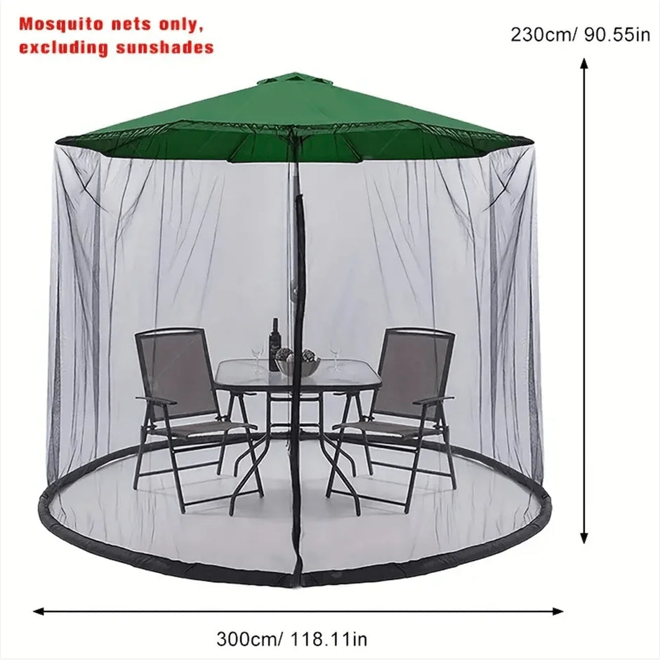 Green umbrella with a mosquito net over a dining table and chairs, with dimensions displayed.