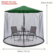 Green umbrella with a mosquito net over a dining table and chairs, with dimensions displayed.