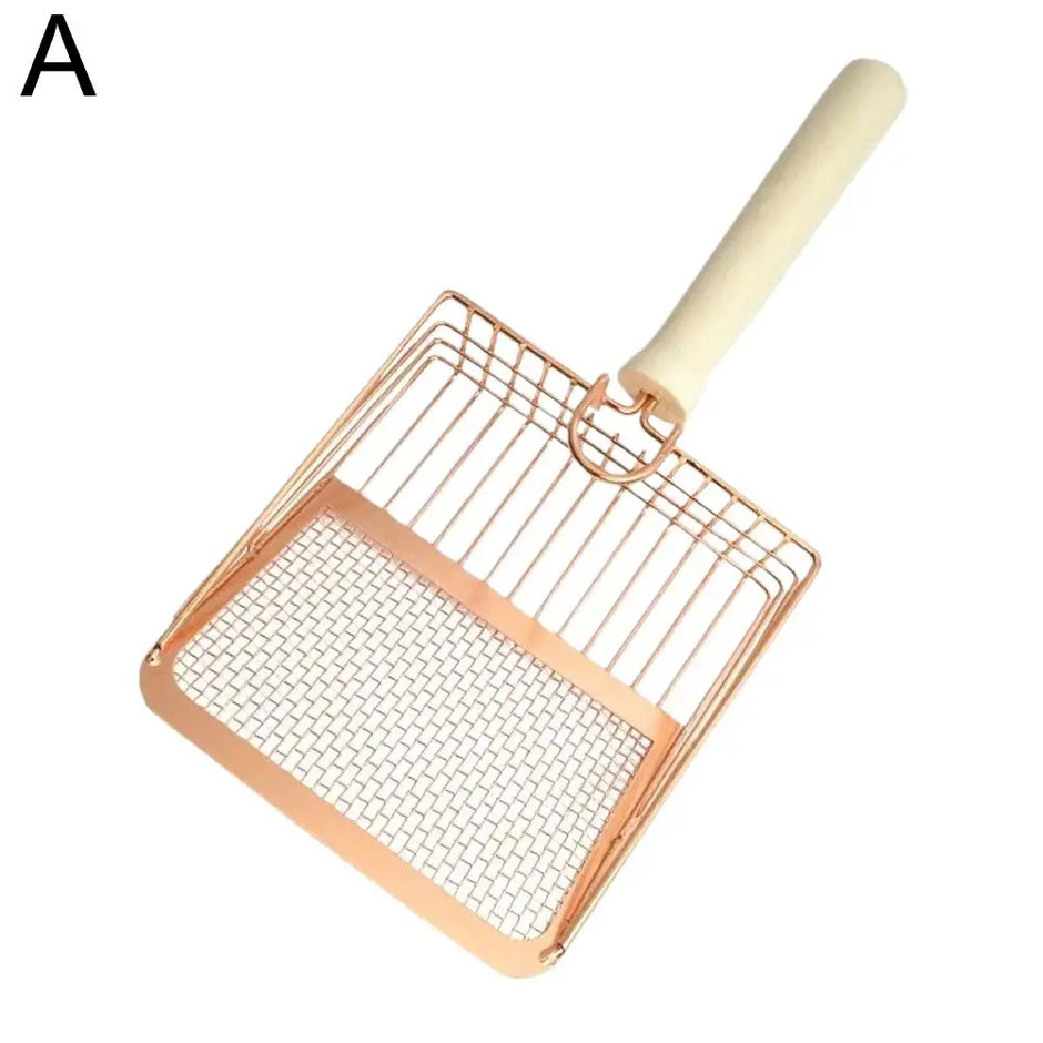 Rose gold metal mesh tool with wooden handle on a white background