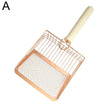 Rose gold metal mesh tool with wooden handle on a white background