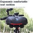 Ergonomic seat cushion on a bicycle with text highlighting comfort and quality.