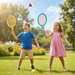 Set of colorful children's tennis rackets with balls on a white background