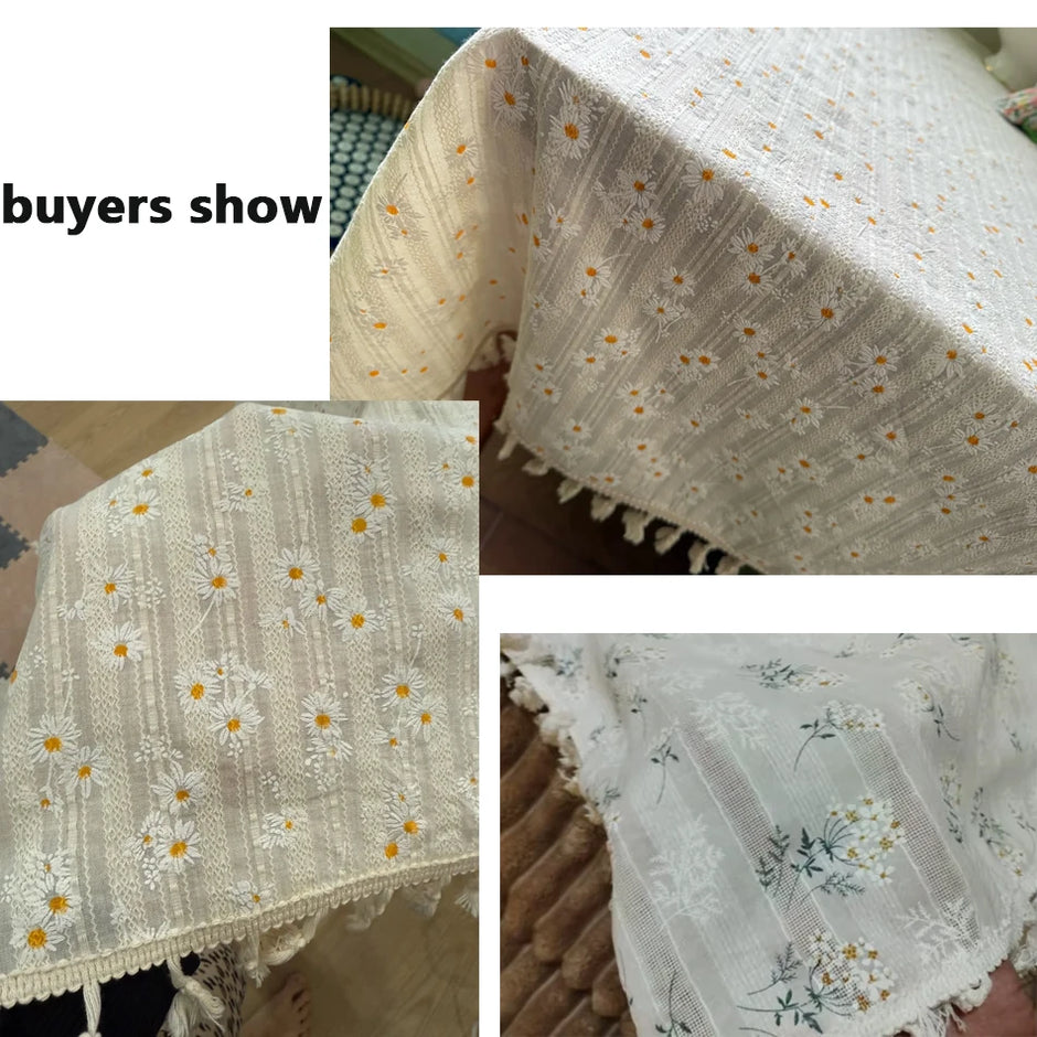 Collage of floral-patterned tablecloths with close-up details.