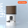 Wi-Fi pet feeder with a clear container showing pet food on a light blue background.
