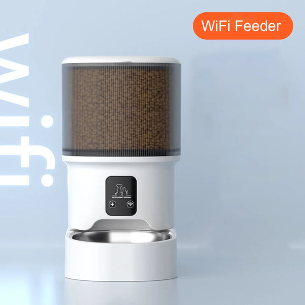 Wi-Fi pet feeder with a clear container showing pet food on a light blue background.