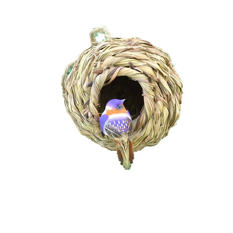 Birdhouse made of straw with a bird perched on it against a white background
