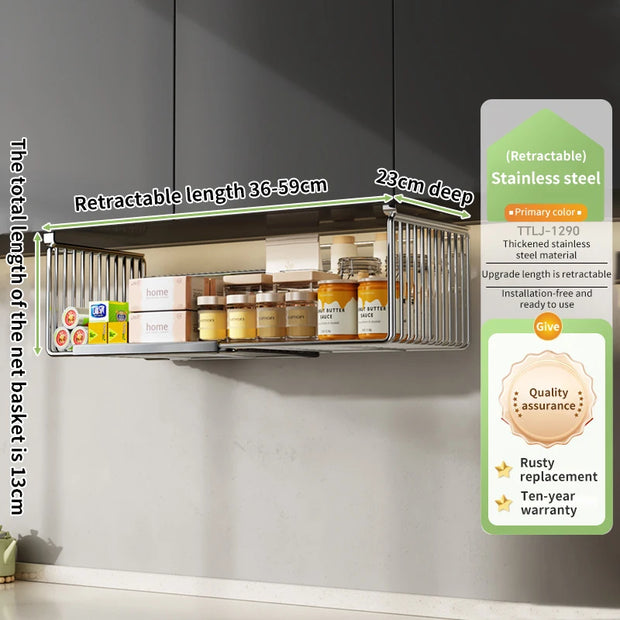 Stainless Steel Retractable Under-Shelf Hanging Basket – Kitchen & Bathroom Organizer