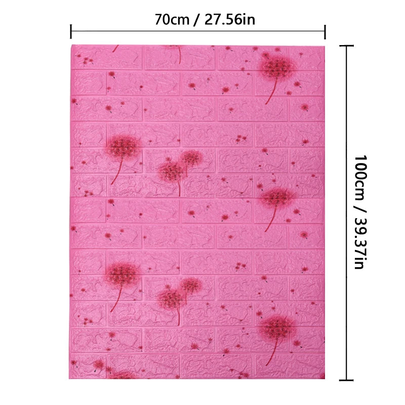 Pink foam mat with dandelion pattern and measurements on a white background